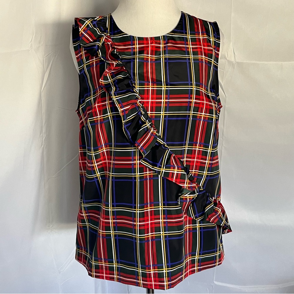 J. Crew sleeveless tartan plaid top with diagonal ruffle Red Blue‎ Plaid Size 6